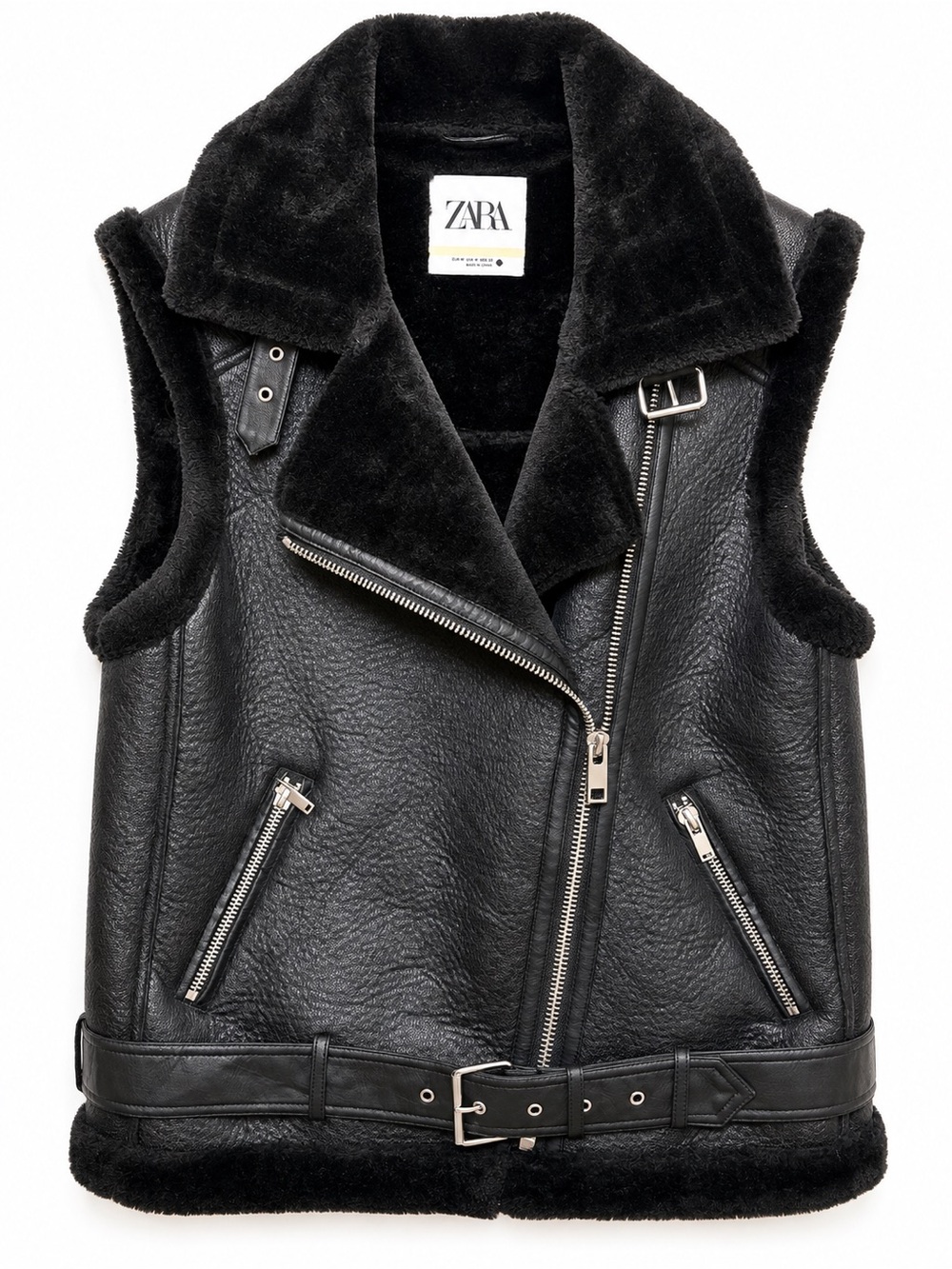 Zara Black Faux Shearling Moto Biker Vest Sz M Belted Faux Leather